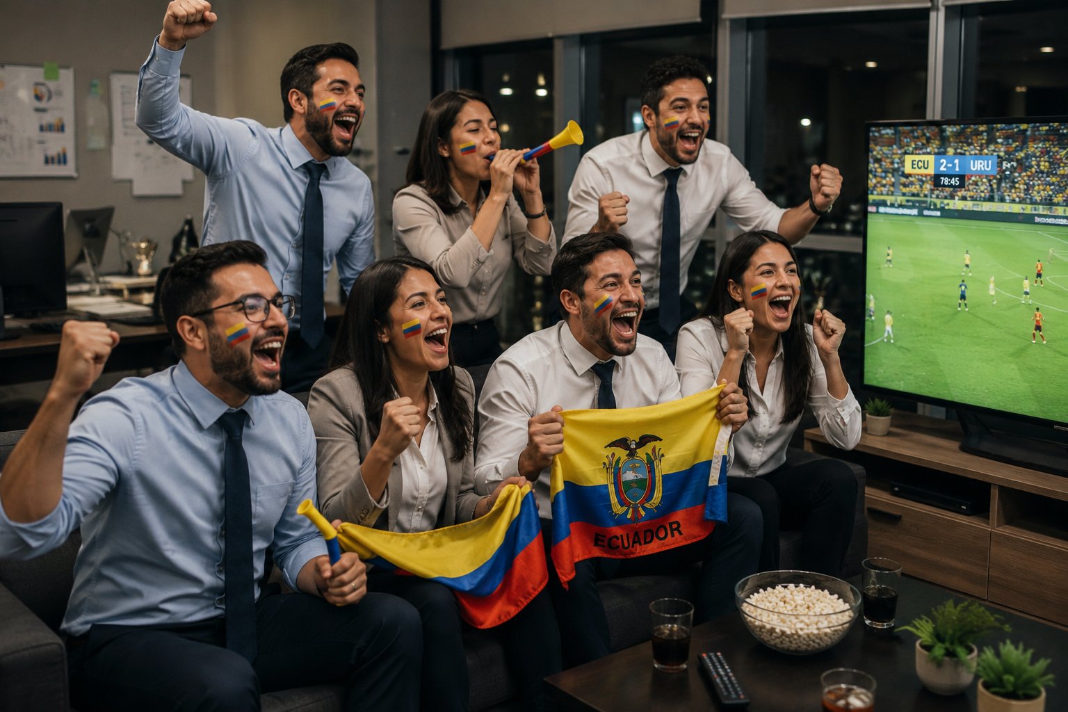 Ecuatorianos celebrando el Mundial en la oficina